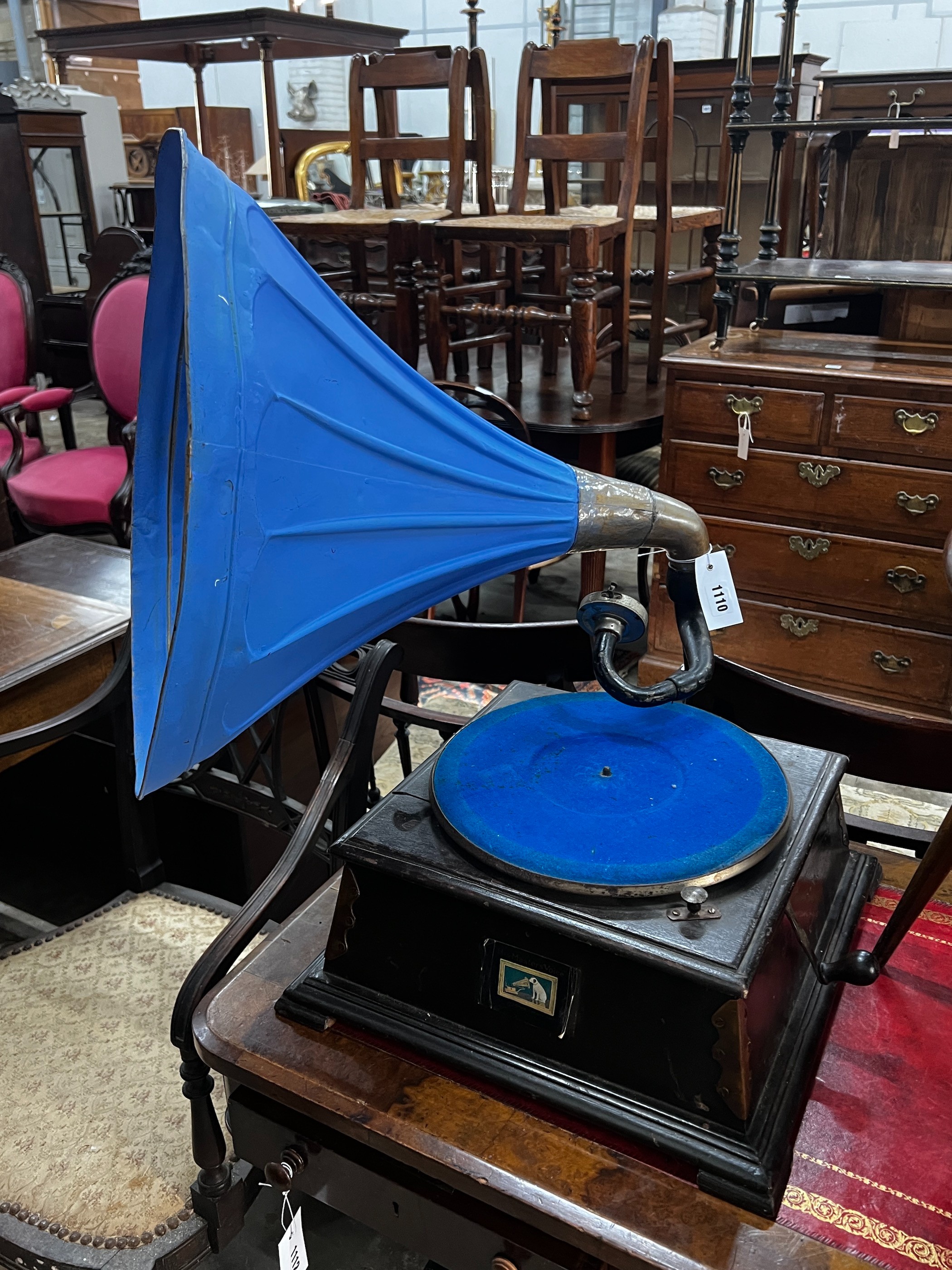 A vintage gramophone with later painted horn, height 66cm